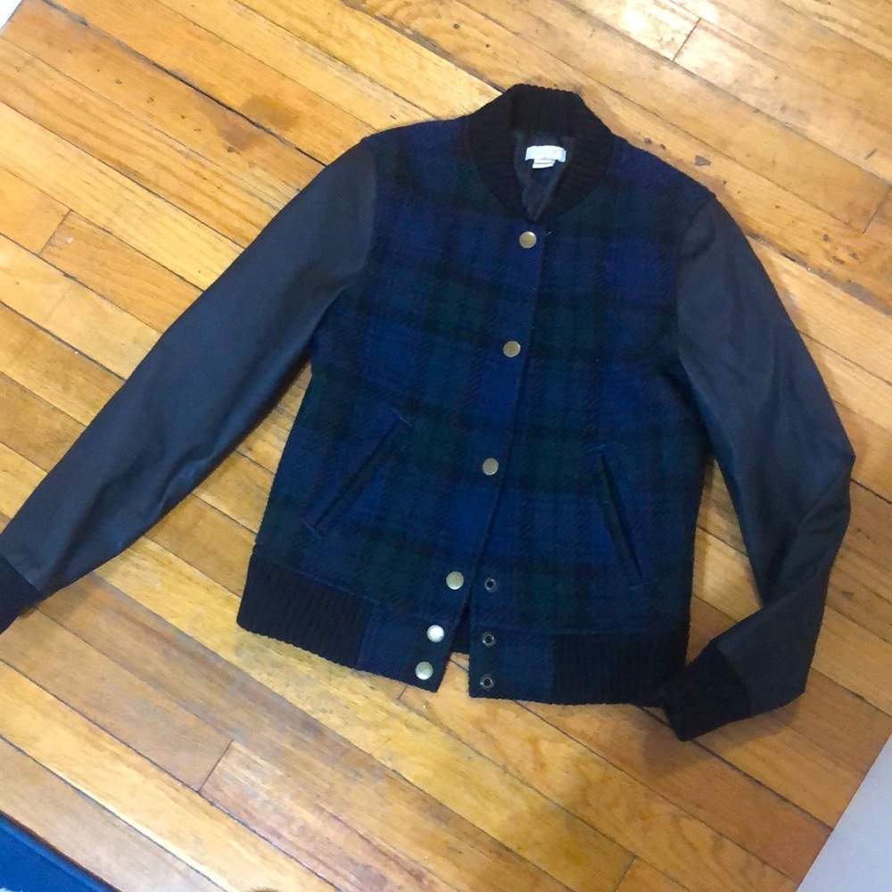 J. Crew wool plaid and faux leather bomber jacket - Picture 2 of 10